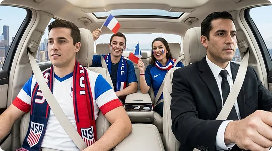 Three football fans supporting France are seated in a luxury car with a sutied chauffeur while each wears a seatbelt depicting in-ride safety protocol.