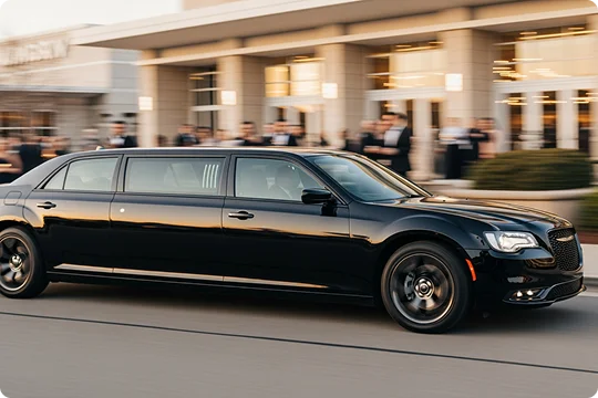 A black Chrysler 300 stretch limousine drives past a modern building. People in formal attire (suits and tuxedos) are visible near the entrance of the building in the background, suggesting an event like a prom, wedding, or gala. The car is in motion, indicated by the motion blur, and the lighting is warm, possibly sunset or golden hour.