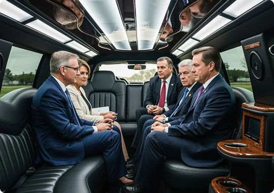 The interior of a black luxury stretch limousine with five people, four men and one woman, seated facing each other in the back. All five are dressed in formal business attire, suggesting a meeting or executive travel. The limousine features black leather seating, a reflective ceiling, and wood-trim accents with cupholders.