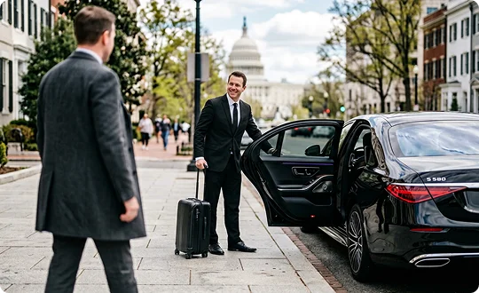 A smiling chauffeur in a suit holding a black suitcase opens the door of a black luxury sedan for a passenger. The car is parked on a historic city street with a Capitol dome visible in the background.