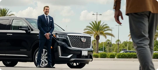 A well-dressed chauffeur stands beside a black Cadillac SUV under a sunny sky, ready to welcome a client approaching with palm trees in the background.