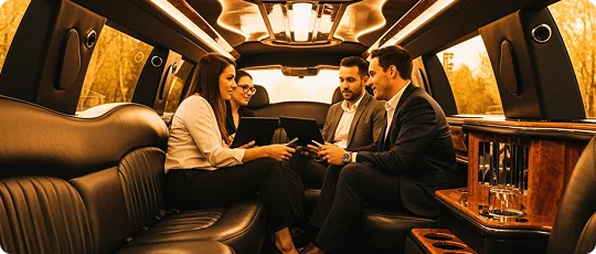 Interior view of a luxury limousine with four business professionals seated on the dark leather upholstery, reviewing documents or tablets. The interior is accented with wood trim and has a distinct warm, golden light.
