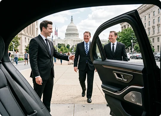 A smiling chauffeur in a suit holds open the door of a luxury car, welcoming two businessmen on a city street. The scene is framed from inside the vehicle looking out toward the US Capitol dome in the background.