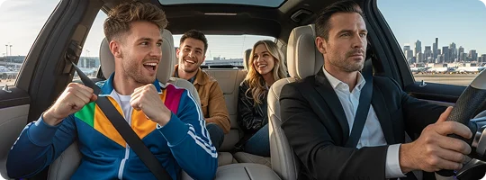 An interior view of a luxury car where a chauffeur in a dark suit is driving three excited passengers. In the front passenger seat, a young man in a vibrant blue, yellow, and pink tracksuit cheers with raised fists, while two other smiling passengers sit in the back. A city skyline and airport terminal are visible through the windows.
