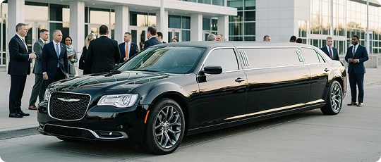 A long black Chrysler 300 stretch limousine is parked outside a modern, glassy building. A group of business professionals in suits are gathered and talking on the walkway beside the vehicle.