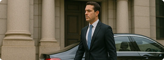 A well-dressed businessman in a dark suit walks confidently past a luxury black car, with a grand stone-columned building in the background, conveying professionalism and executive presence.
