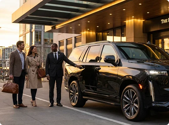 A chauffeur in a black suit holds the door of a black luxury SUV open for a professional couple carrying leather weekend bags at a hotel entrance, with the Space Needle visible in the Seattle skyline during sunset.