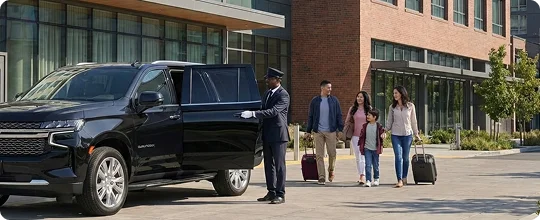 A chauffeur in a dark suit and cap stands by a black Chevrolet Suburban with the rear door open at the entrance of a modern brick building. A family of four, including two adults and two children carrying rolling luggage, walks toward the vehicle across a paved plaza.