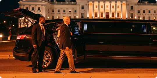 A chauffeur in a dark suit assists a male client in a light suit as he steps out of the back door of a black stretch SUV limousine at night. The vehicle's trunk is open, and a grand, brightly lit, classical building, possibly a government or state building, is visible in the background.