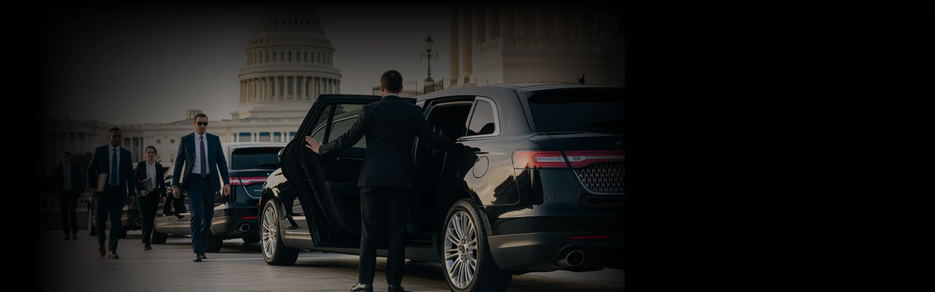 A scene featuring high-end executive transportation in Washington D.C. A chauffeur in a black suit holds open the rear door of a black SUV or sedan for a person entering the vehicle. In the background, several people in business attire (suits and dresses) are walking toward other black luxury vehicles. The U.S. Capitol Building dome is prominently visible in the background. The overall tone is formal and professional.